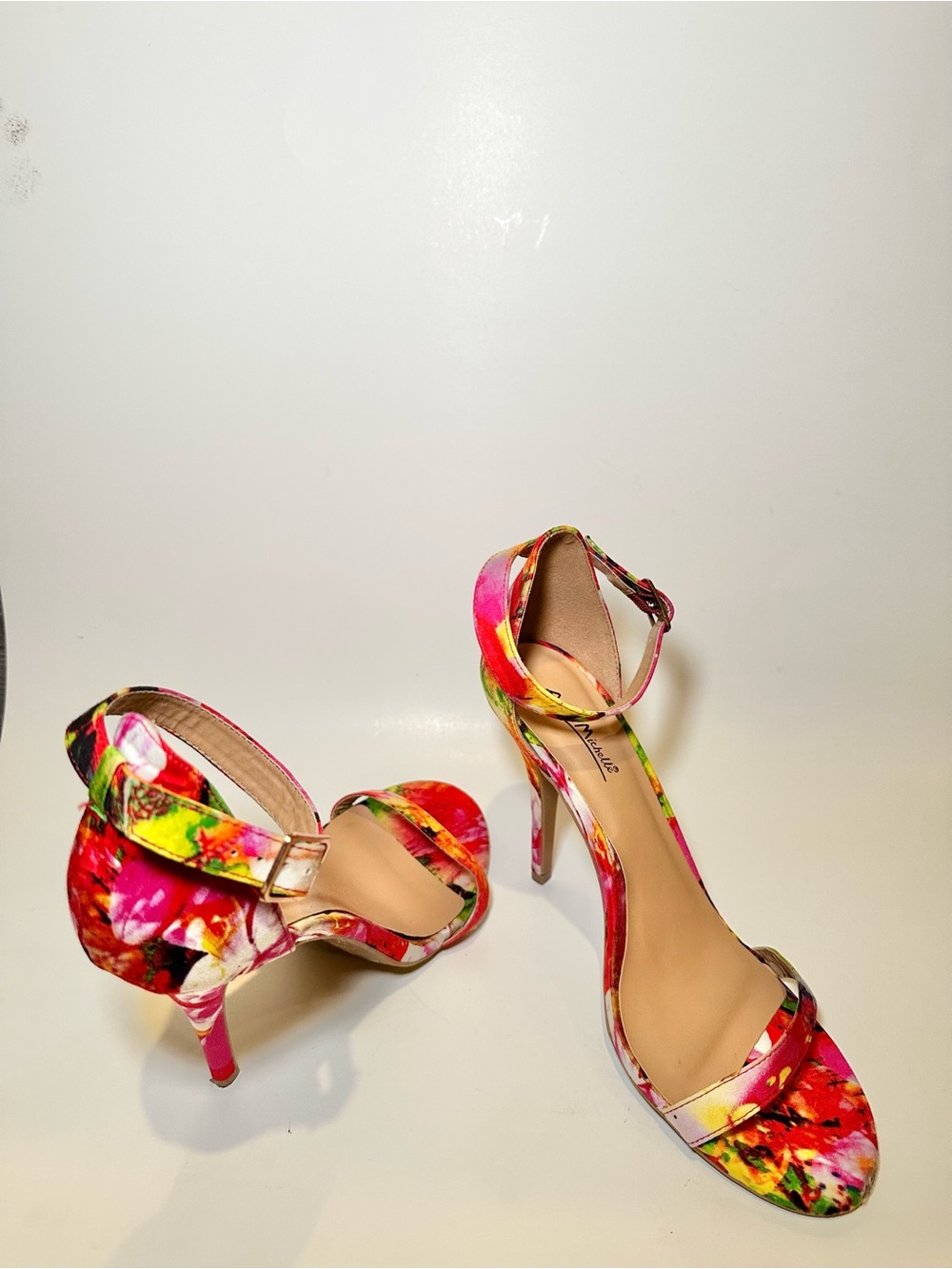 Anne Michelle Pink Floral Ankle-Strap Stiletto Heels